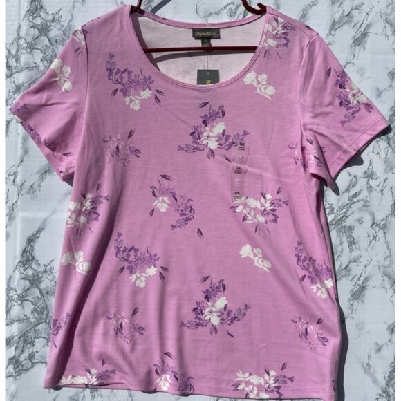 Style & Co Womens Floral Print Short Sleeve Tee OX Millie Pink Made In Indonesia - Picture 1 of 10